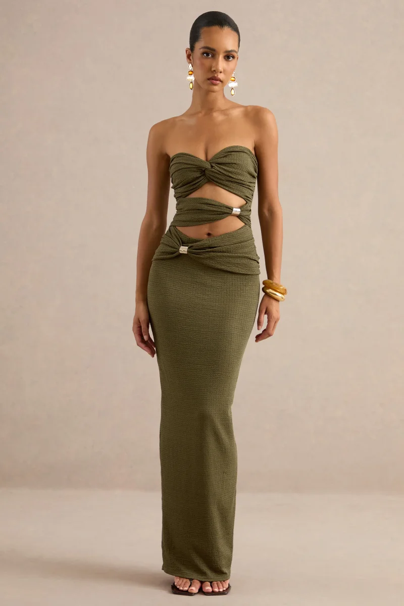 Leontine | Vestido Largo Verde Oliva Con Cuello Bandeau Y Aberturas En El Cuerpo