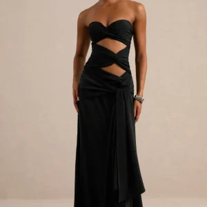 Alinae | Vestido Largo Negro De Satén Con Escote Palabra De Honor Y Aberturas En El Cuerpo