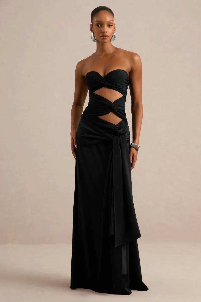 Alinae | Vestido Largo Negro De Satén Con Escote Palabra De Honor Y Aberturas En El Cuerpo