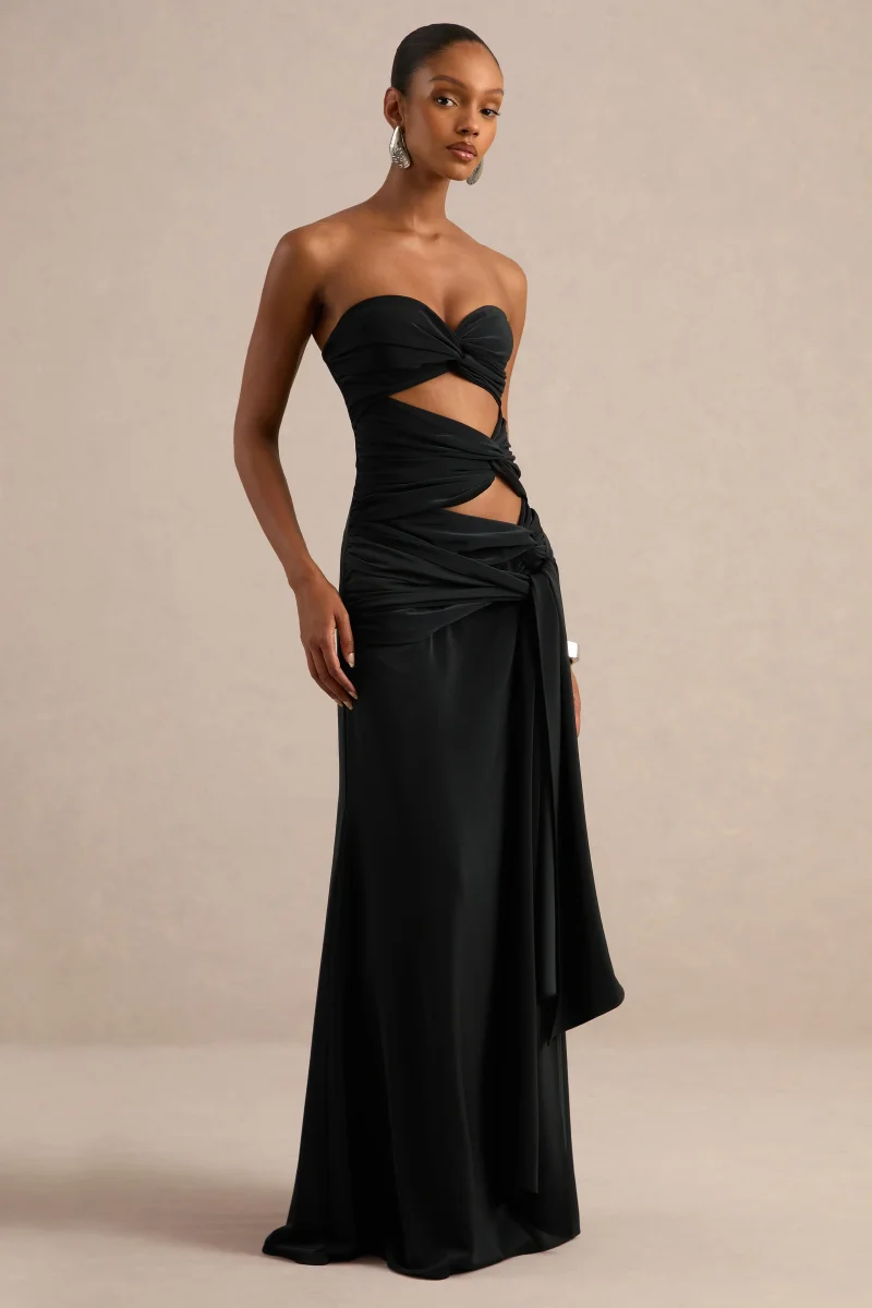 Alinae | Vestido Largo Negro De Satén Con Escote Palabra De Honor Y Aberturas En El Cuerpo - Imagen 4