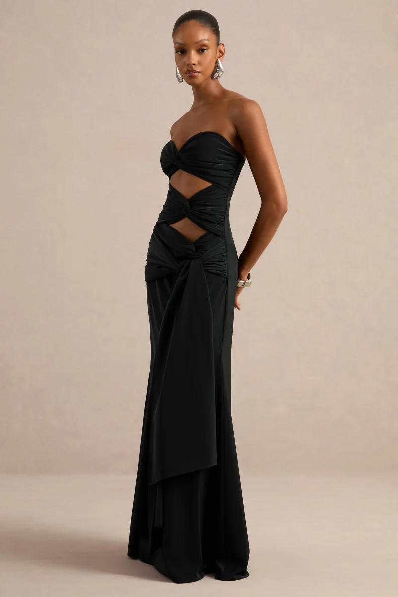 Alinae | Vestido Largo Negro De Satén Con Escote Palabra De Honor Y Aberturas En El Cuerpo - Imagen 6