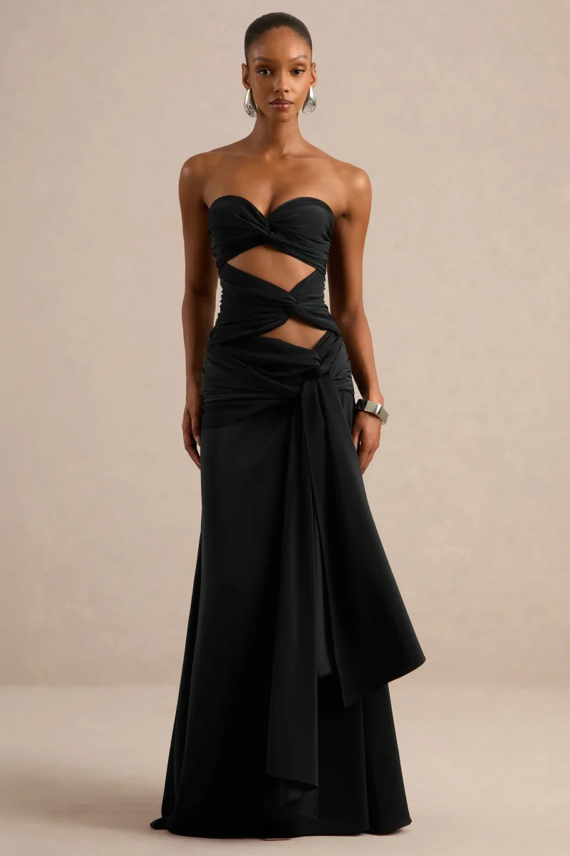 Alinae | Vestido Largo Negro De Satén Con Escote Palabra De Honor Y Aberturas En El Cuerpo - Imagen 7