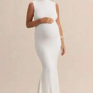 Saffira | Vestido Largo Blanco de Cuello Alto Premamá con Detalle Drapeado