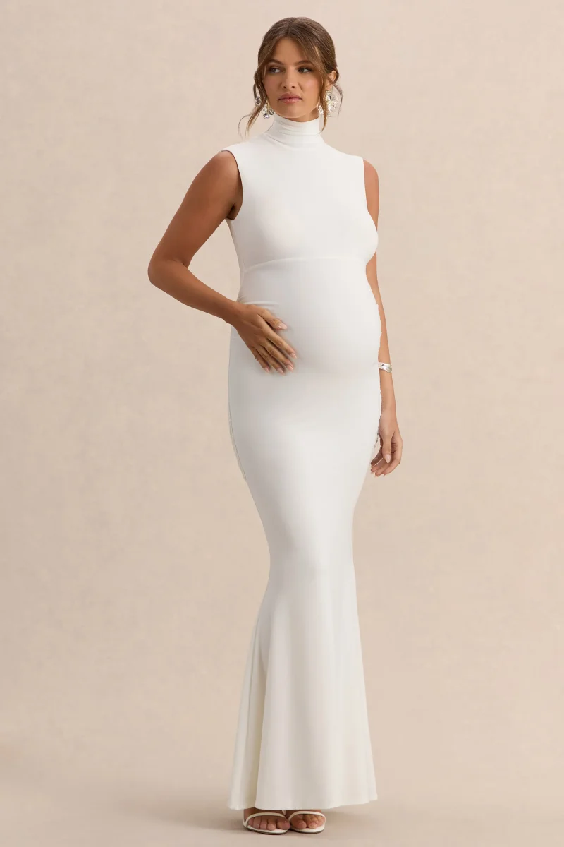 Saffira | Vestido Largo Blanco de Cuello Alto Premamá con Detalle Drapeado - Imagen 5