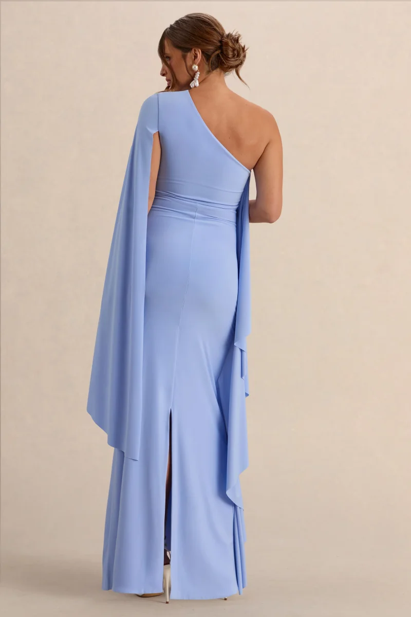 Shanae | Vestido Largo Azul claro Premamá de Escote Asimétrico con Capa Sleeve And Gathered Detailing - Imagen 3