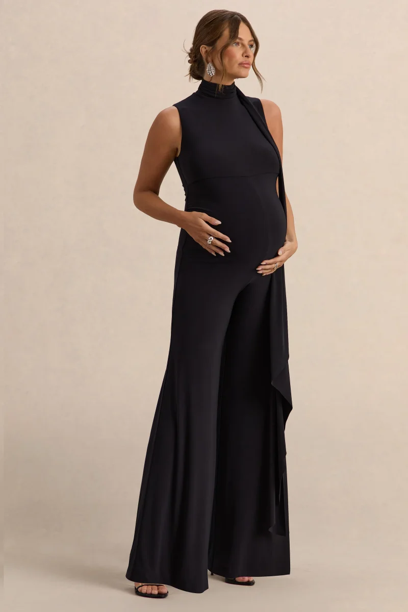 Renza | Mono Premamá Negro De Jersey Elástico Premium Con Cuello Alto Y Detalle Pañuelo - Imagen 7