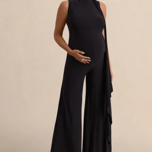 Renza | Mono Premamá Negro De Jersey Elástico Premium Con Cuello Alto Y Detalle Pañuelo