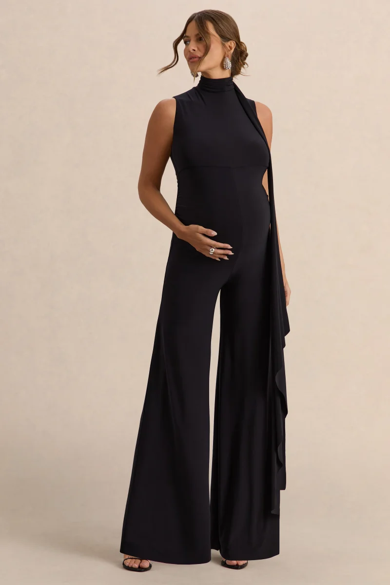 Renza | Mono Premamá Negro De Jersey Elástico Premium Con Cuello Alto Y Detalle Pañuelo - Imagen 2