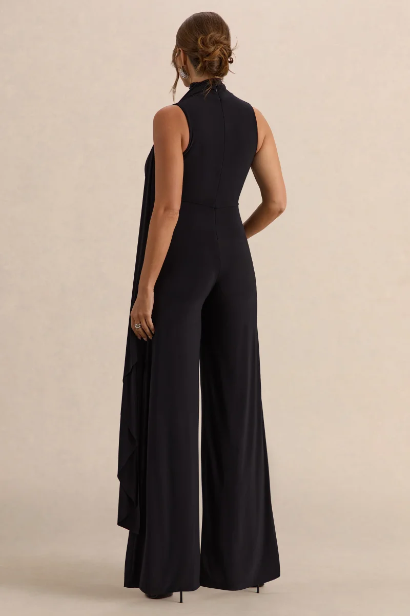 Renza | Mono Premamá Negro De Jersey Elástico Premium Con Cuello Alto Y Detalle Pañuelo - Imagen 3
