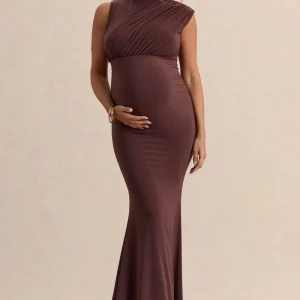 Osanna | Vestido Largo Premamá Marrón Oscuro De Jersey Elástico Premium Con Escote Amplio Y Detalle Fruncido