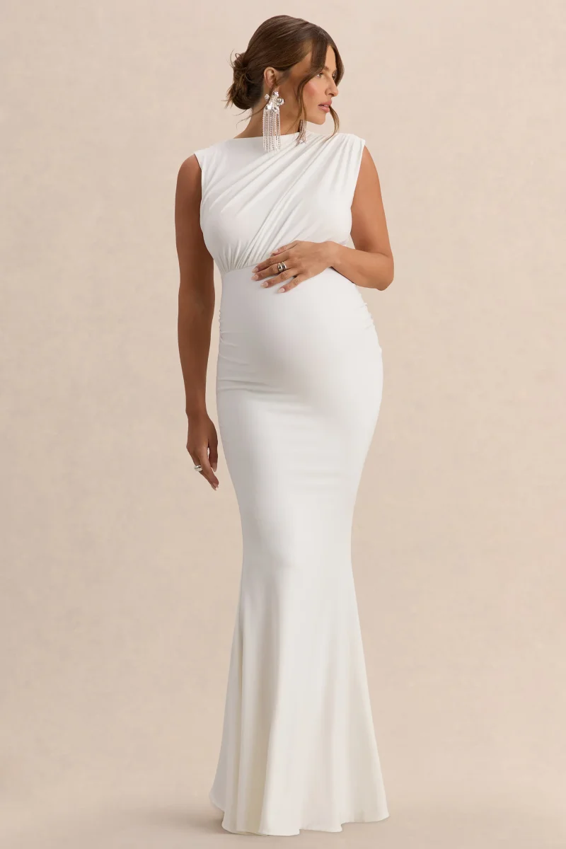 Osanna | Vestido Largo Premamá Blanco De Jersey Elástico Premium Con Escote Amplio Y Detalle Fruncido - Imagen 5