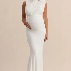 Osanna | Vestido Largo Premamá Blanco De Jersey Elástico Premium Con Escote Amplio Y Detalle Fruncido