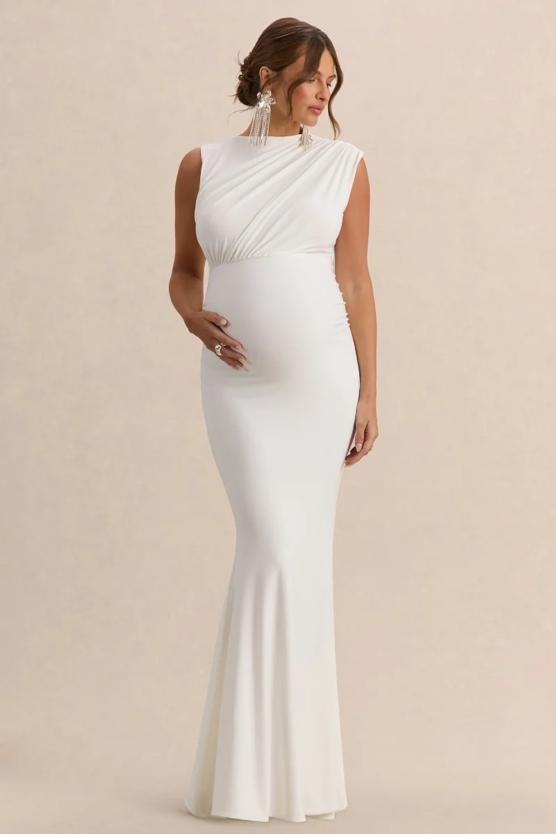 Osanna | Vestido Largo Premamá Blanco De Jersey Elástico Premium Con Escote Amplio Y Detalle Fruncido