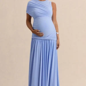 Naida | Vestido Largo Azul claro Premamá de Cuello Redondo con Detalle Drapeado