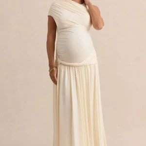 Naida | Vestido Largo Crema Premamá de Cuello Redondo con Detalle Drapeado