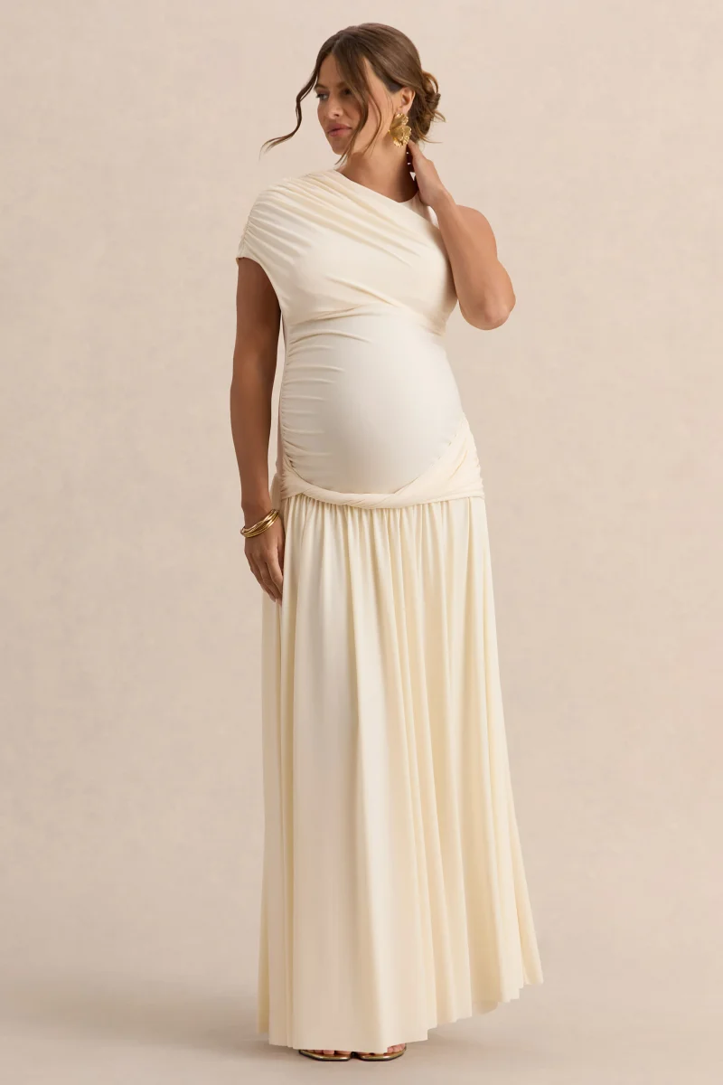 Naida | Vestido Largo Crema Premamá de Cuello Redondo con Detalle Drapeado - Imagen 2