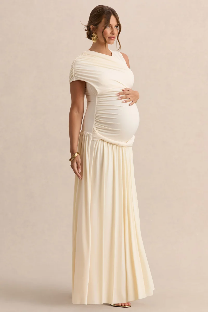 Naida | Vestido Largo Crema Premamá de Cuello Redondo con Detalle Drapeado - Imagen 5