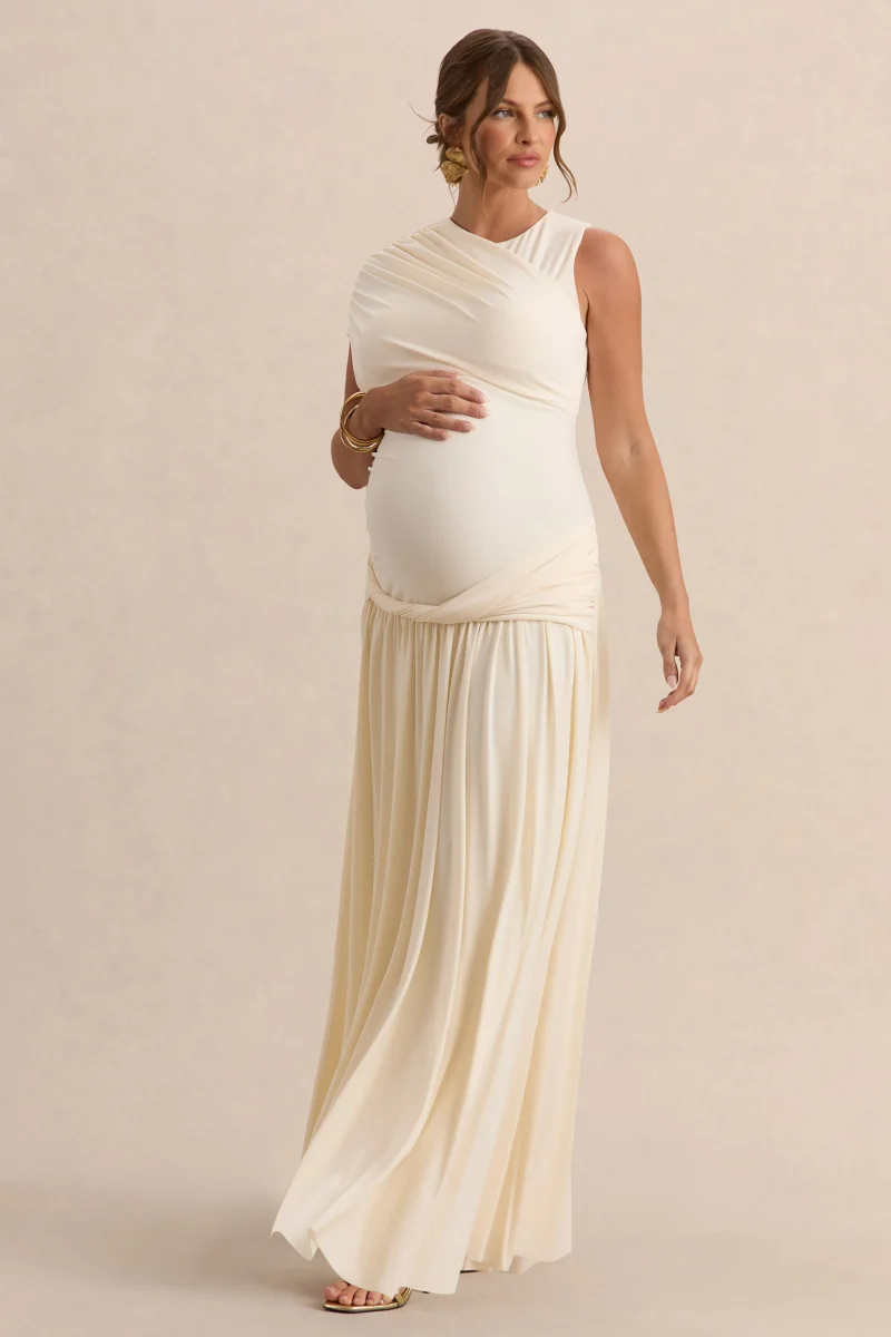 Naida | Vestido Largo Crema Premamá de Cuello Redondo con Detalle Drapeado - Imagen 6