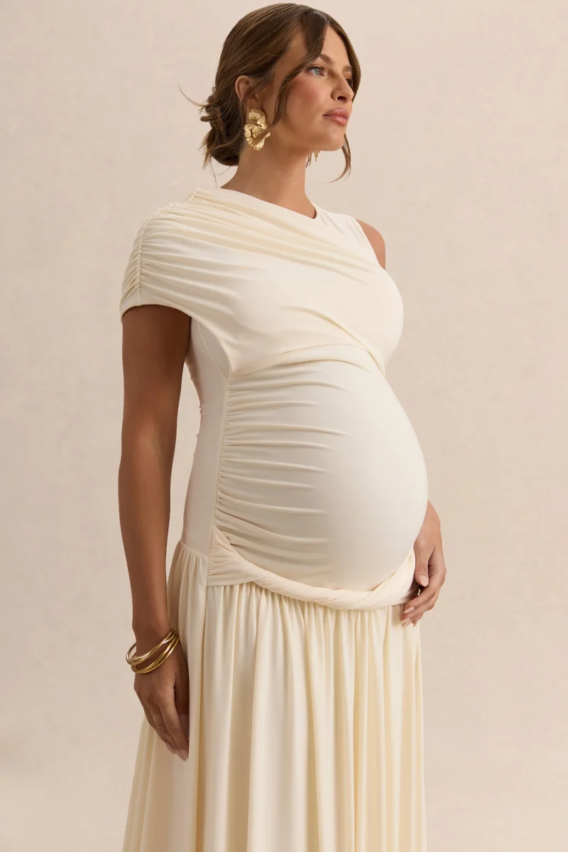 Naida | Vestido Largo Crema Premamá de Cuello Redondo con Detalle Drapeado - Imagen 7