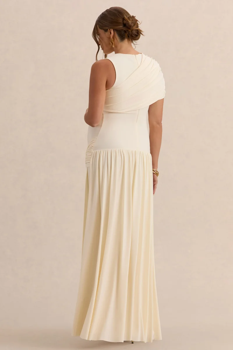 Naida | Vestido Largo Crema Premamá de Cuello Redondo con Detalle Drapeado - Imagen 3