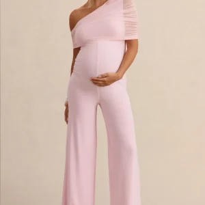 Mariska | Mono Rosa claro Premamá de Escote Asimétrico con Detalle de Fajín