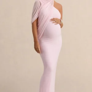 Merella | Vestido Largo Premamá Rosa Claro De Jersey Elástico Premium Con Cuello Alto Y Manga De Capa