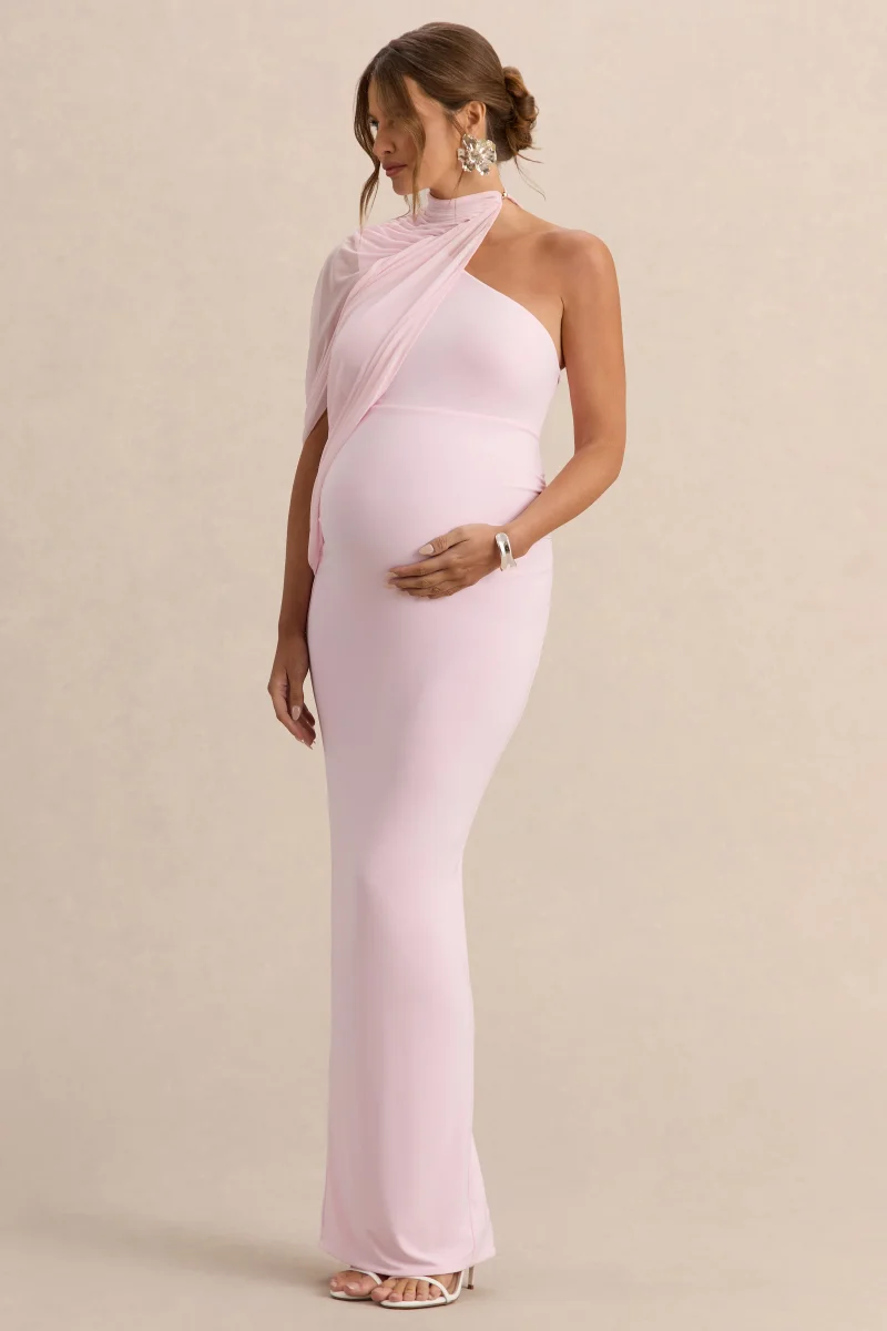 Merella | Vestido Largo Premamá Rosa Claro De Jersey Elástico Premium Con Cuello Alto Y Manga De Capa - Imagen 9