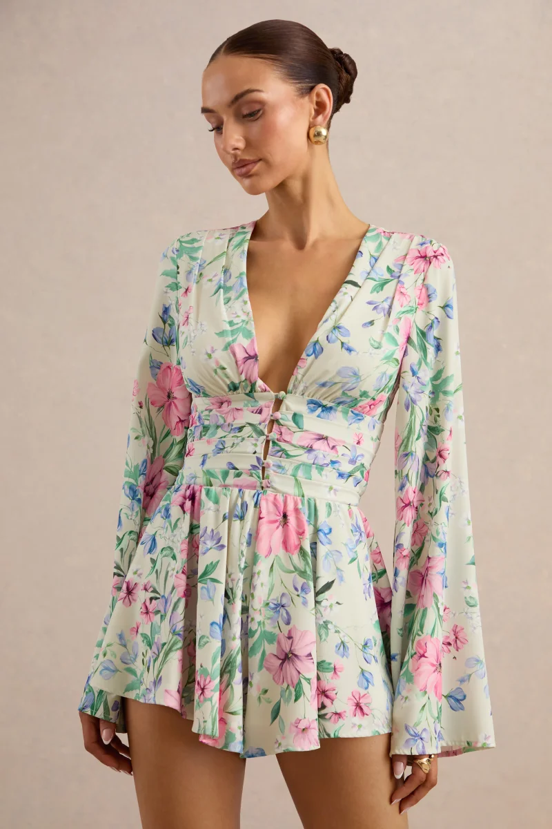 Kismet | Mono Crema Con Estampado Floral Con Escote Pronunciado Y Mangas Campana - Imagen 4