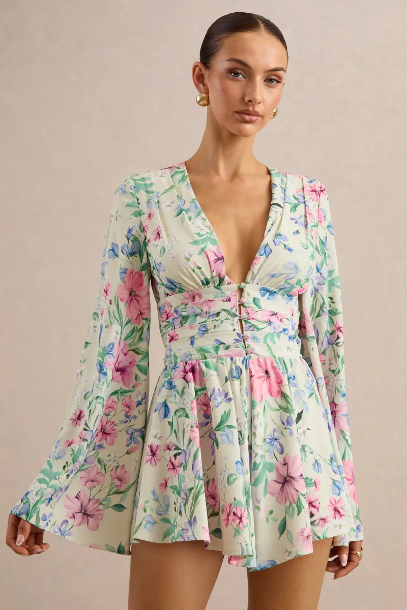 Kismet | Mono Crema Con Estampado Floral Con Escote Pronunciado Y Mangas Campana - Imagen 5