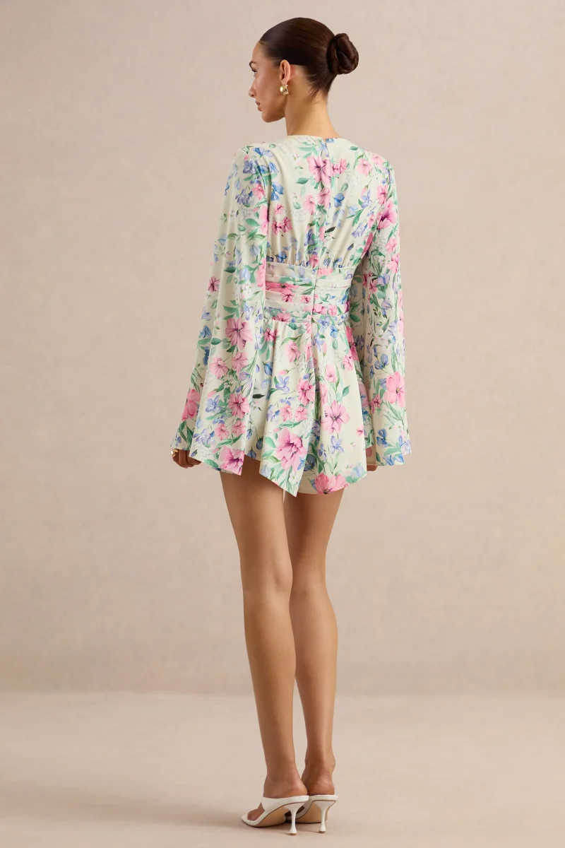 Kismet | Mono Crema Con Estampado Floral Con Escote Pronunciado Y Mangas Campana - Imagen 3