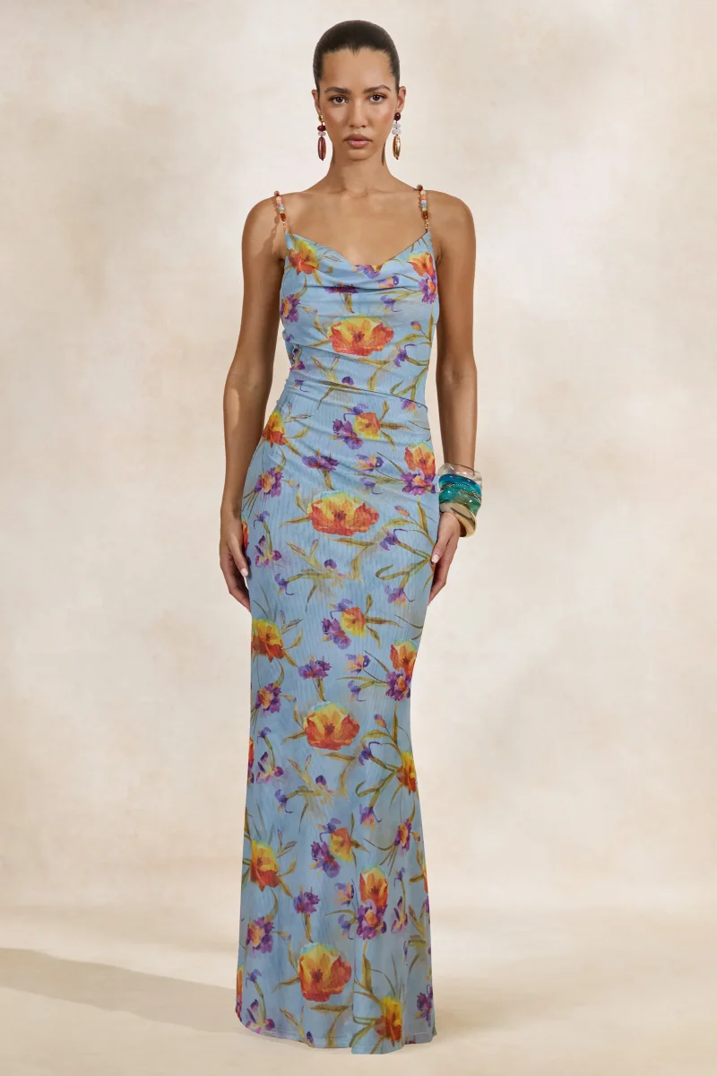 Raisa | Vestido Maxi Azul Floral De Malla Con Escote Cowl Y Espalda Abierta - Imagen 3