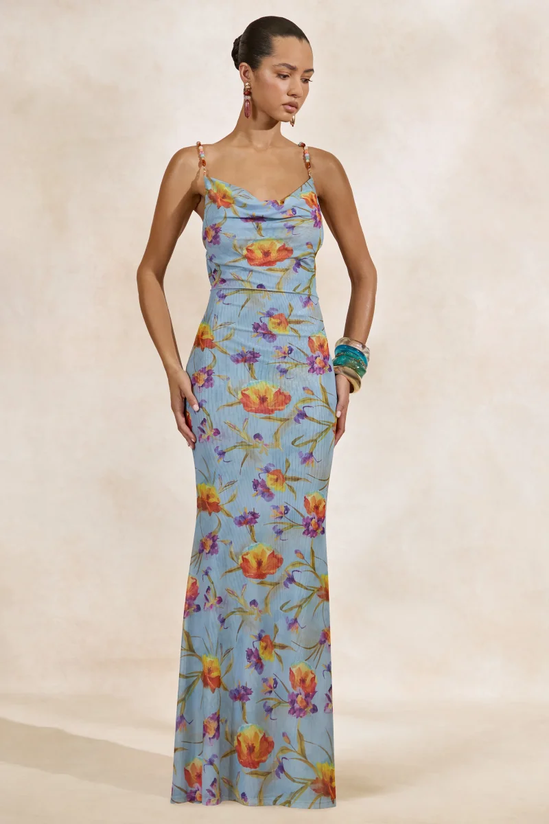 Raisa | Vestido Maxi Azul Floral De Malla Con Escote Cowl Y Espalda Abierta - Imagen 4