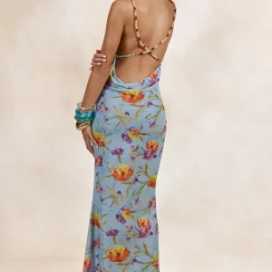 Raisa | Vestido Maxi Azul Floral De Malla Con Escote Cowl Y Espalda Abierta