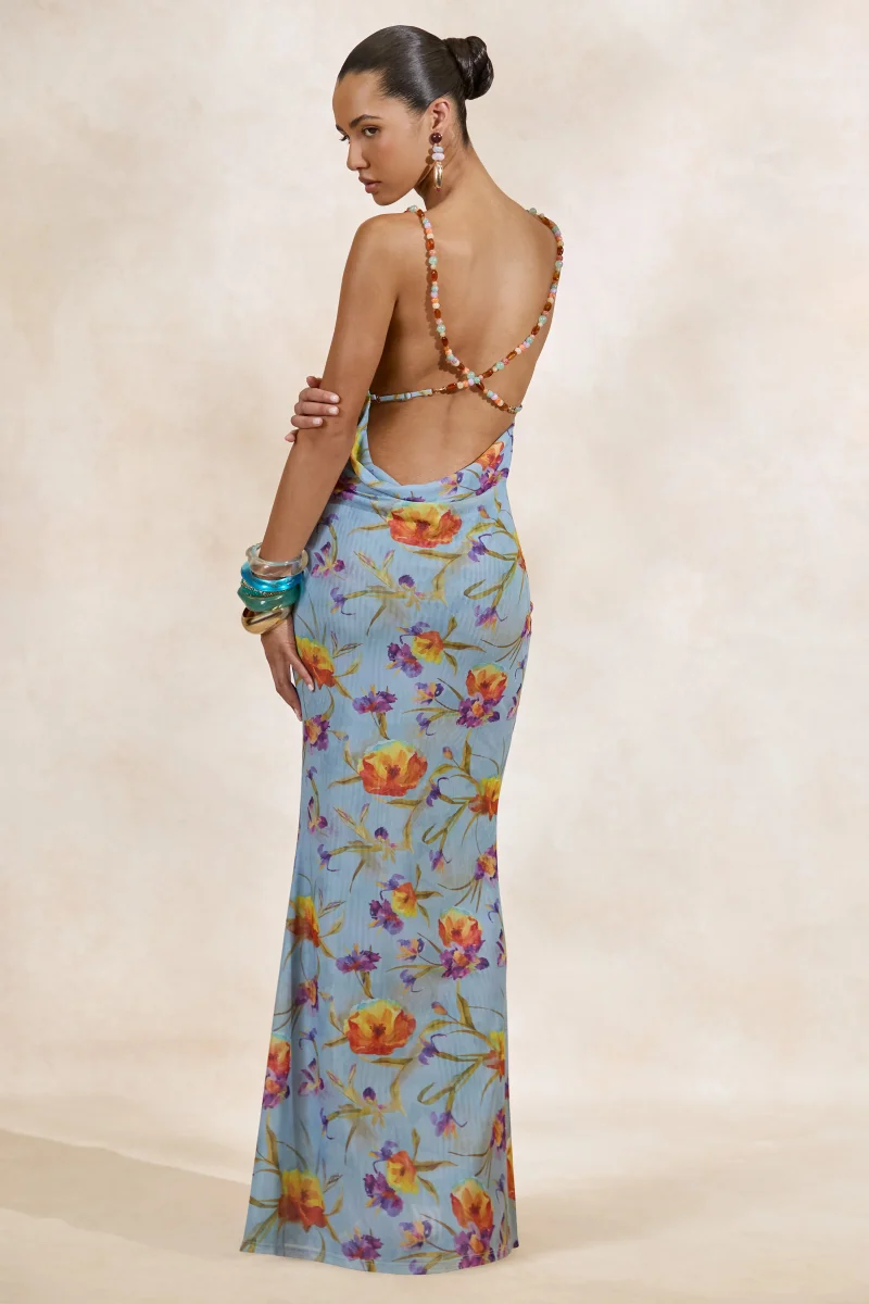 Raisa | Vestido Maxi Azul Floral De Malla Con Escote Cowl Y Espalda Abierta