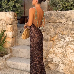 Silvana | Vestido Maxi De Malla Con Estampado De Leopardo Y Escote Cowl