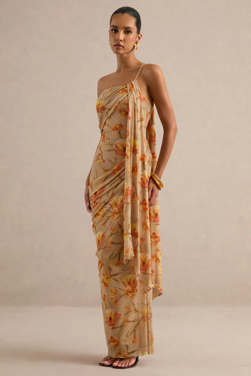 Afton | Vestido Largo De Malla Naranja Floral Con Escote Asimétrico Y Detalle De Faja - Imagen 6