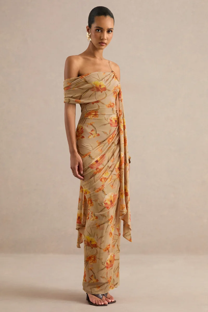 Afton | Vestido Largo De Malla Naranja Floral Con Escote Asimétrico Y Detalle De Faja - Imagen 4