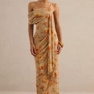 Afton | Vestido Largo De Malla Naranja Floral Con Escote Asimétrico Y Detalle De Faja