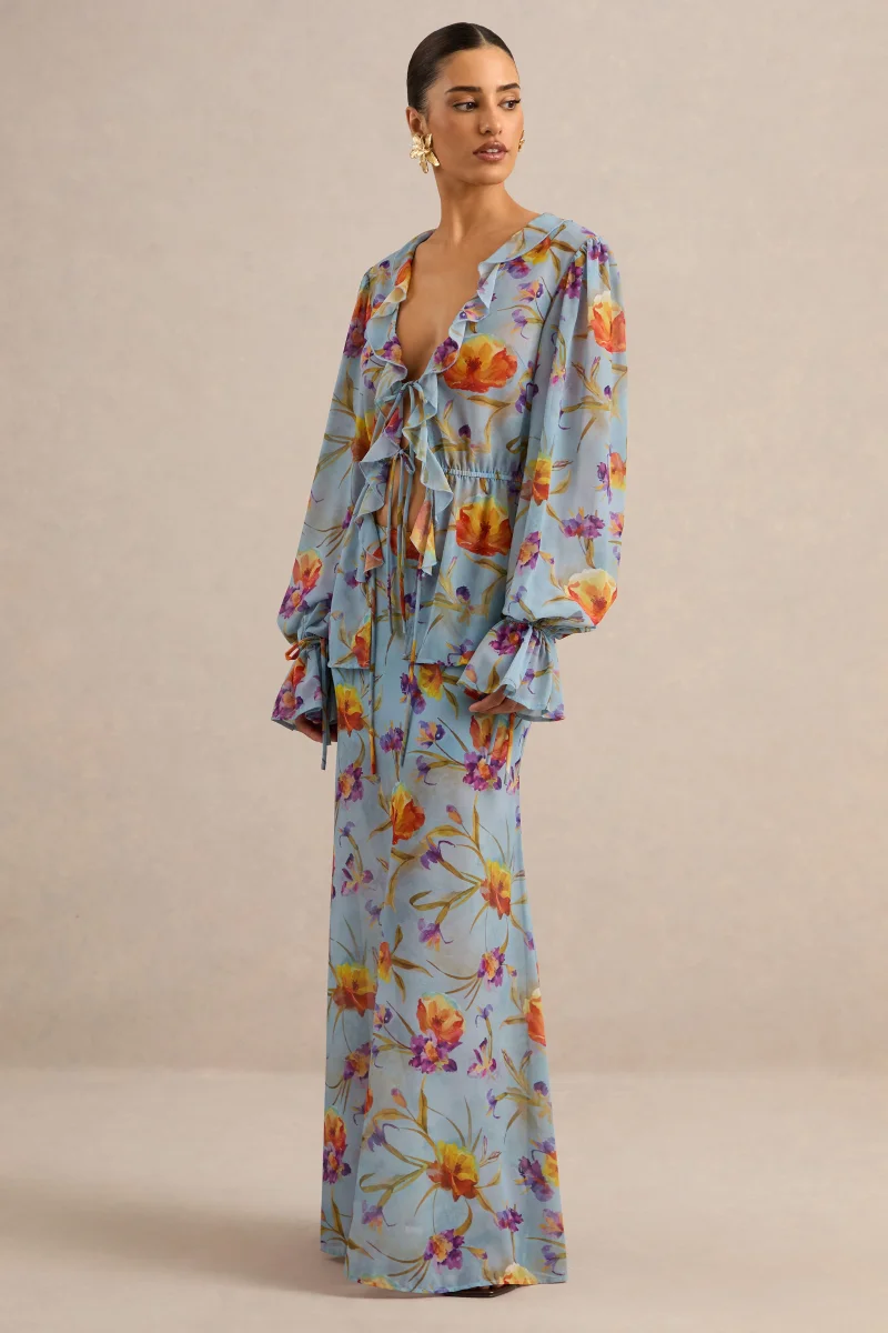 Alveta | Falda Largo Azul Floral De Chifón Transparente - Imagen 6