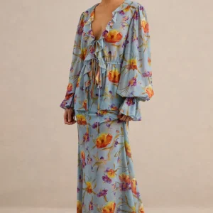 Alveta | Falda Largo Azul Floral De Chifón Transparente