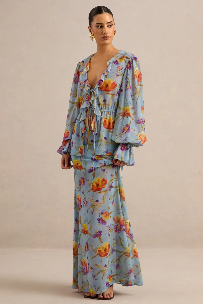 Alveta | Falda Largo Azul Floral De Chifón Transparente