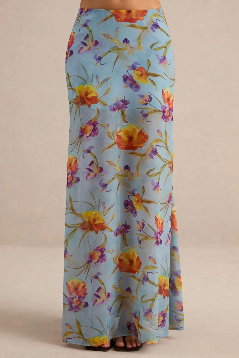 Alveta | Falda Largo Azul Floral De Chifón Transparente - Imagen 5