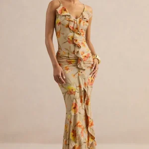 Amali | Vestido largo con estampado floral naranja, escote en V y detalles de volantes