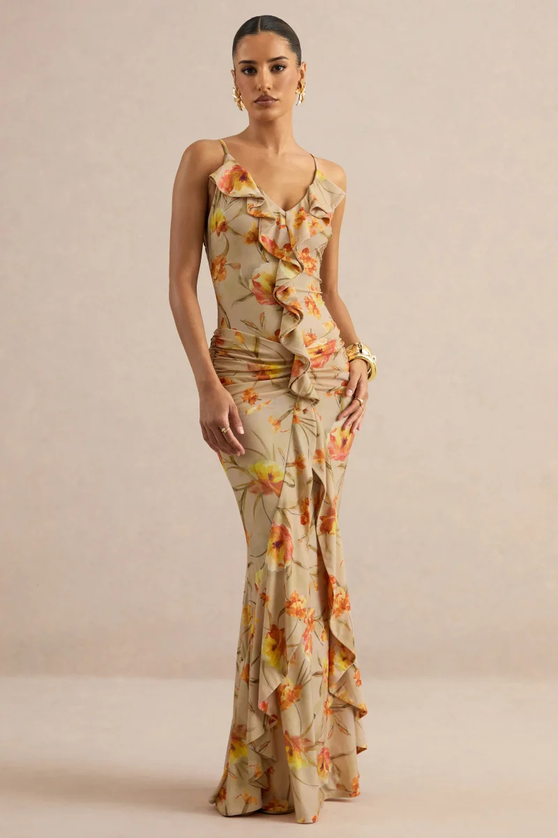 Amali | Vestido largo con estampado floral naranja, escote en V y detalles de volantes