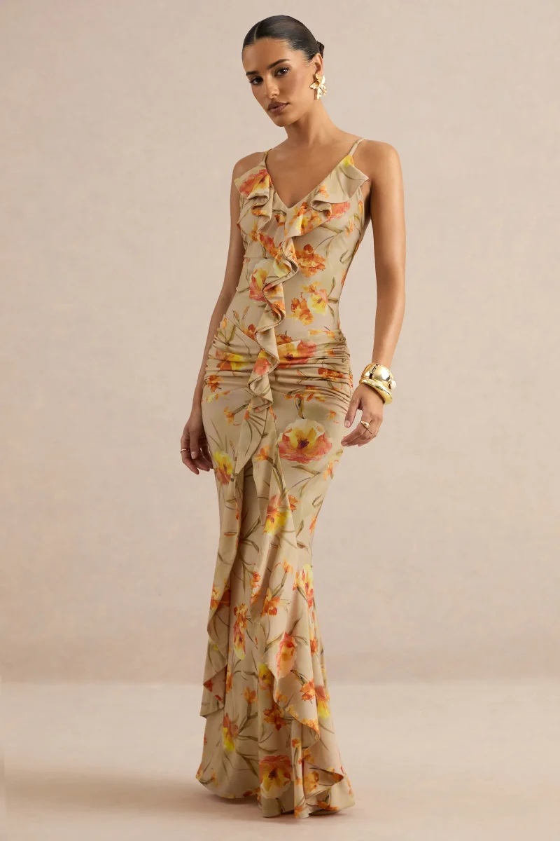 Amali | Vestido largo con estampado floral naranja, escote en V y detalles de volantes - Imagen 6
