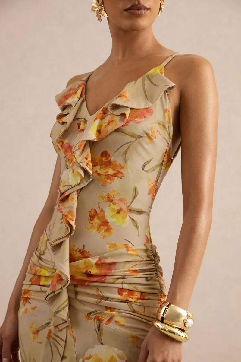 Amali | Vestido largo con estampado floral naranja, escote en V y detalles de volantes - Imagen 5