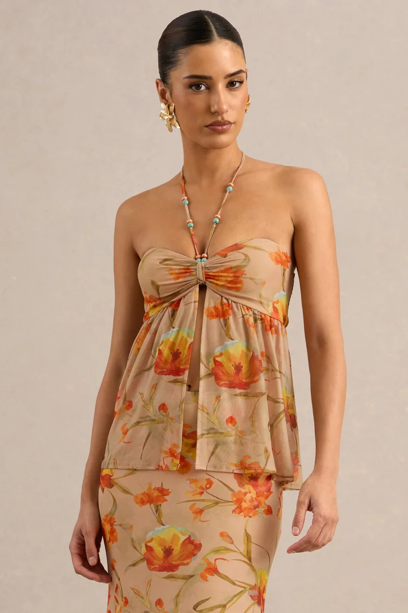 Flaviah | Top Naranja Floral De Malla Con Cuello Halter Y Espalda Abierta - Imagen 3