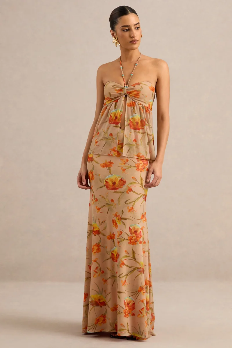 Flaviah | Falda Maxi Naranja Floral De Malla - Imagen 6