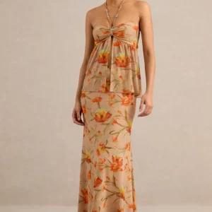 Flaviah | Falda Maxi Naranja Floral De Malla