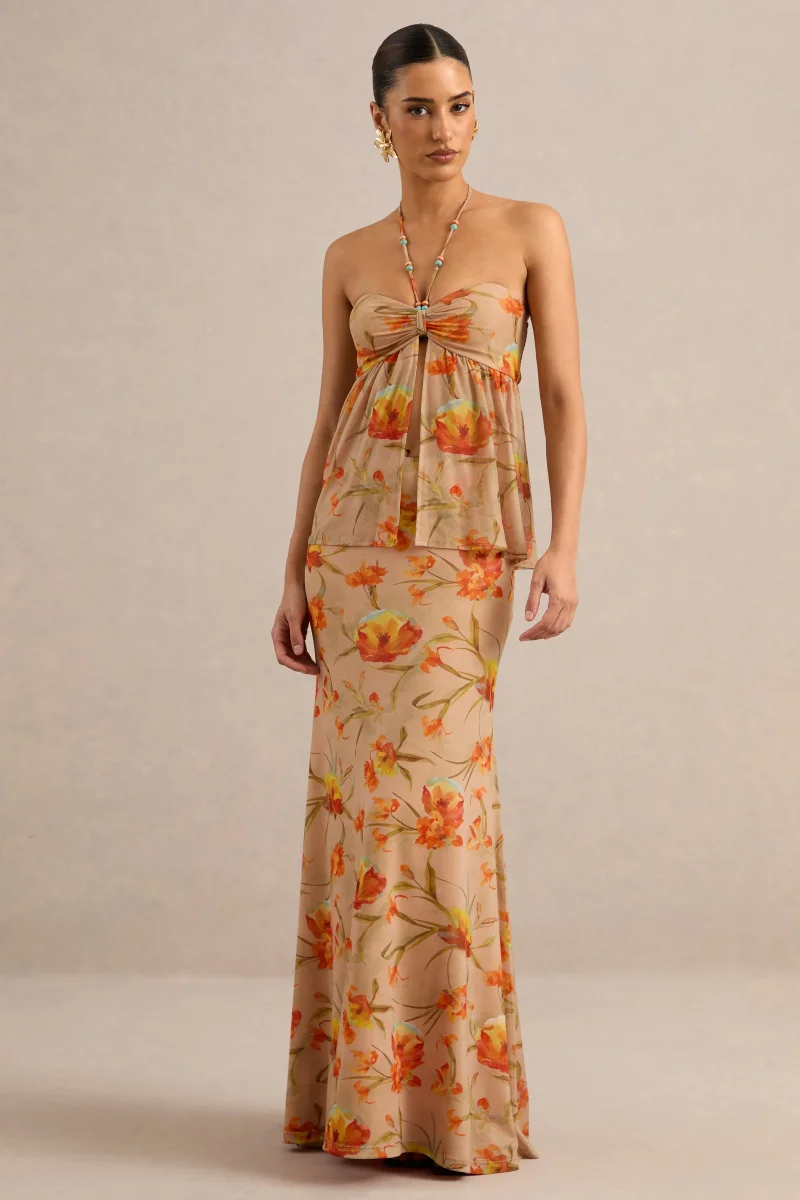 Flaviah | Falda Maxi Naranja Floral De Malla - Imagen 2